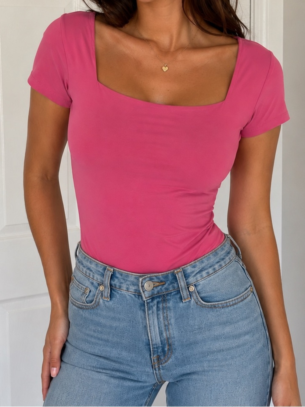 Abercrombie & Fitch Fitted Square Neck Short Sleeve Top in Rose Pink